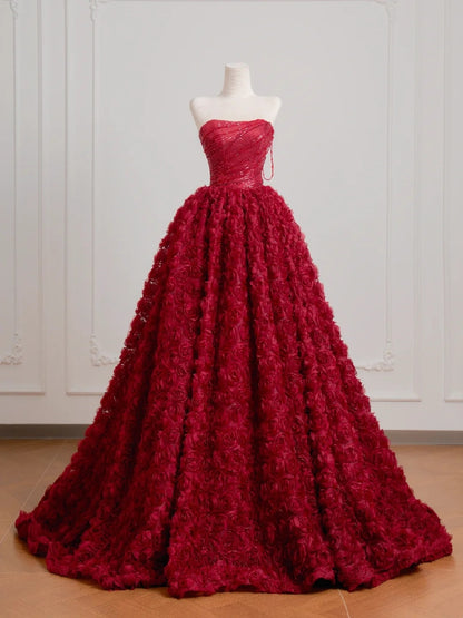 Timeless Ball Gown Strapless Burgundy Floral Tulle Long Prom Dresses Inspiration Party Gowns N402