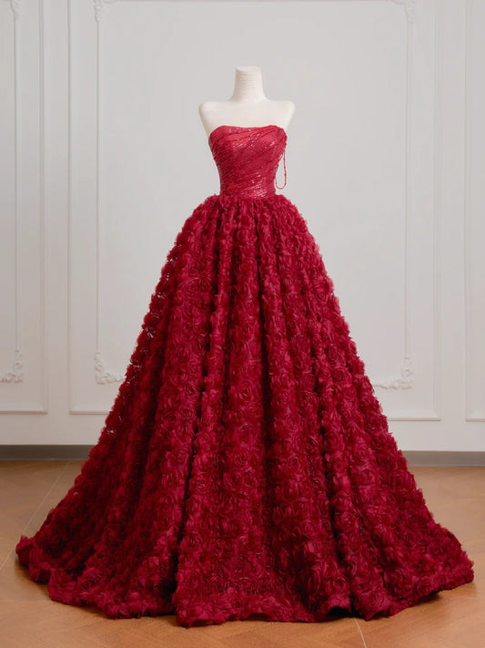 Timeless Ball Gown Strapless Burgundy Floral Tulle Long Prom Dresses Inspiration Party Gowns N402