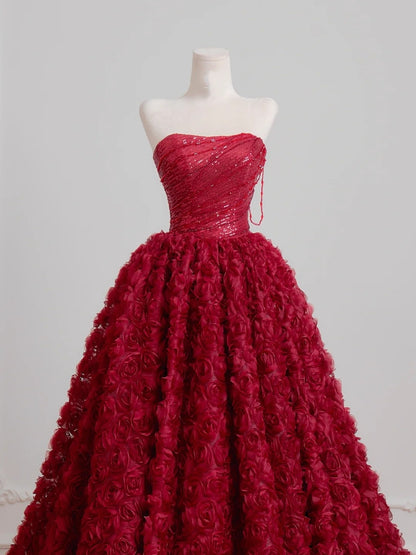 Timeless Ball Gown Strapless Burgundy Floral Tulle Long Prom Dresses Inspiration Party Gowns N402