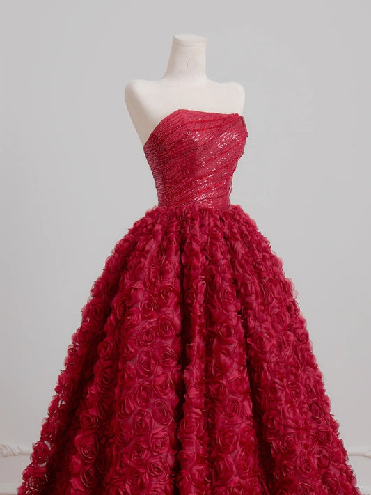 Timeless Ball Gown Strapless Burgundy Floral Tulle Long Prom Dresses Inspiration Party Gowns N402