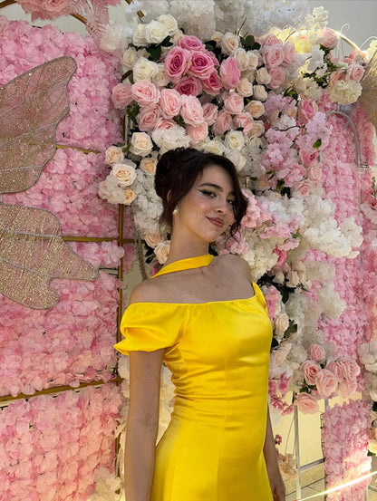 Gorgeous Yellow Sheath Off The Shoulder Yellow Satin High Slit Prom Dresses With Scarf AB190