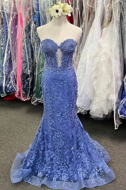 Lace Appliques Sweetheart Keyhole Trumpet Long Prom Dress Formal Gowns Inspo Evening Outfit N248