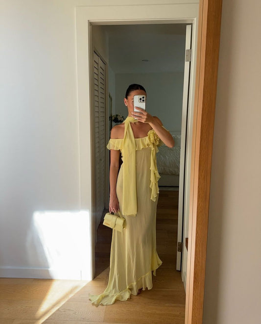 Simple A line Off The Shoulder With Scarf Prom Dresses Women Yellow Chiffon Sleeveless Vacation Wedding Guest Gown N257