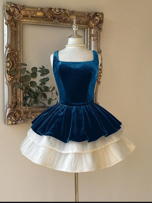 Pretty Ball Gown Square Navy Blue White Velvet Tulle Short Mini Homecoming Dresses Graduation Dress N2436