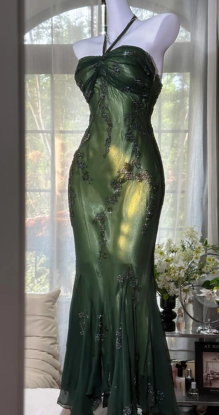 Vintage Halter Mermaid Long Prom Dresses Chiffon Beaded Dark Green Long Formal Dresses Graduation Dress N1617