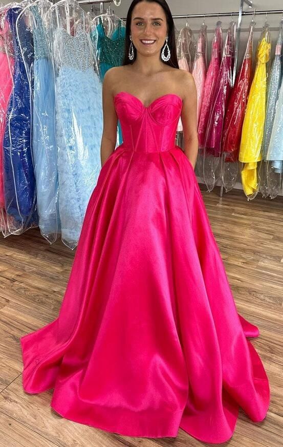 Cheap A Line Sweetheart Hot Pink Satin For Women Party Dresses Long Formal Prom Dress 22th Birthday Gown AB1381