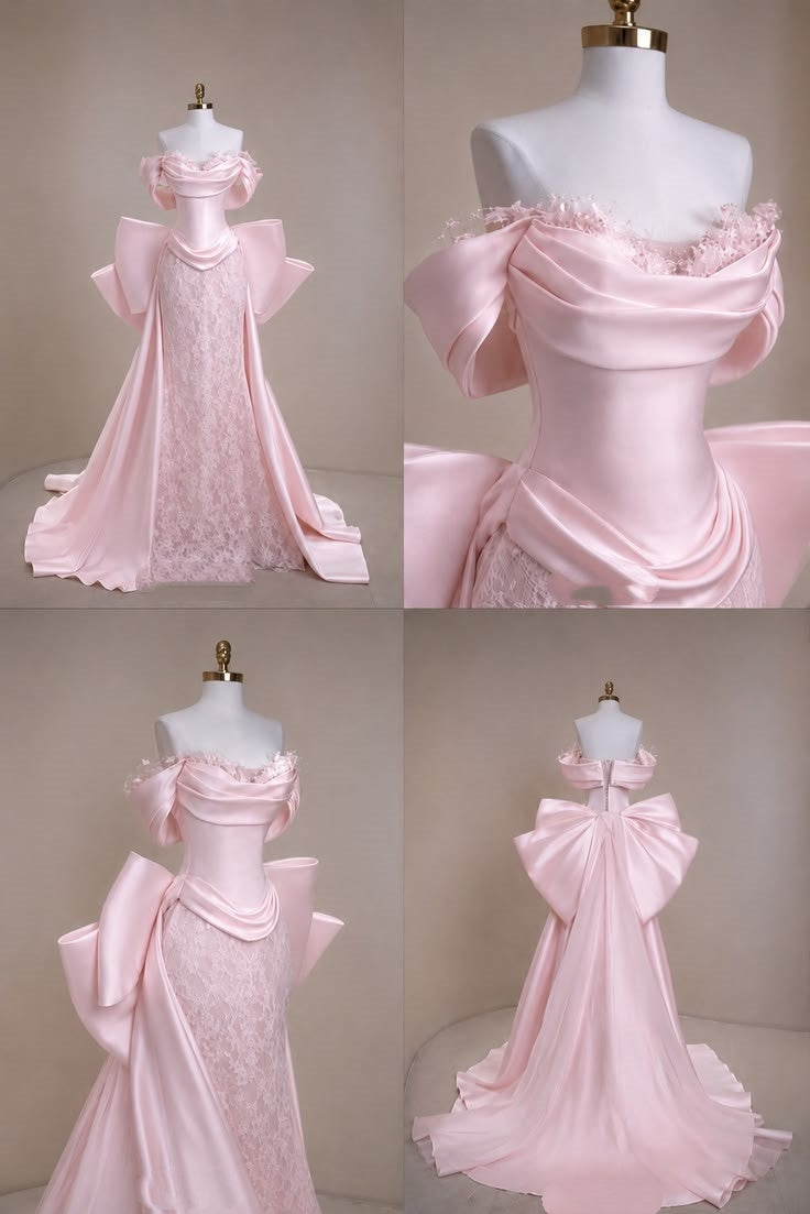 Prom Dress Mermaid Off The Shoulder Pink Satin Lace Ruffled Floor Leng ...