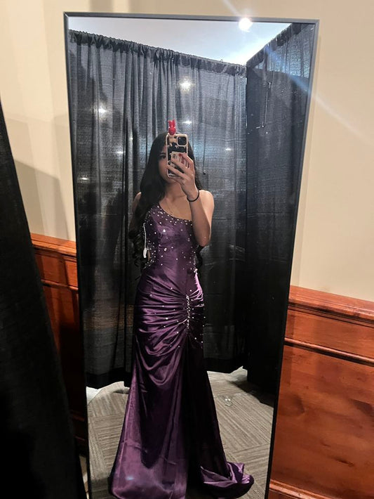 Vintage Mermaid One Shoulder Grape Satin Sleeveless Long Prom Dresses Party Dress 21st Birthday Outfits Graduation Dress RB017