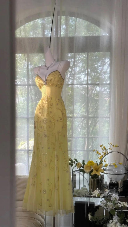 Unique Yellow Prom Dresses Long Beaded Open Back Prom Outfit Vestidos De Dia AB517