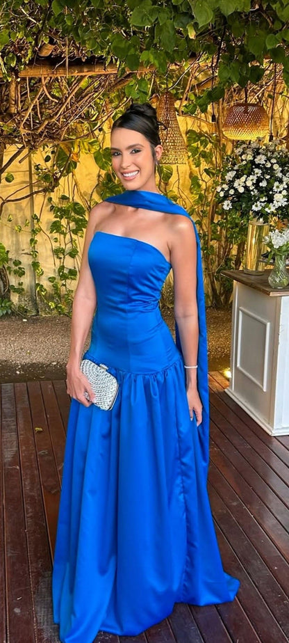 Simple A Line Prom Dress Strapless Evening Dress Royal Blue Prom Dress With Scarf For Teenagers High Schools AB1933