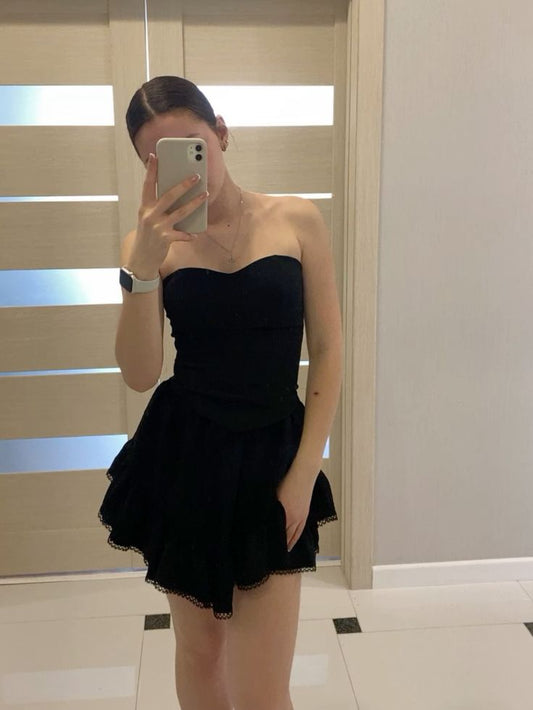 Unique A Line Strapless Little Black Dress Lace Short 18th Birthday Outfits Freshman Homecoming Dresses Cocktail Gown RB019