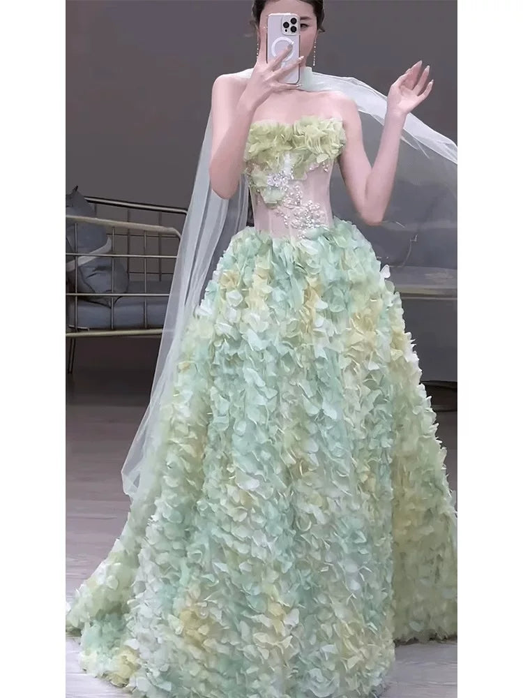 Princess Ball Gown Strapless Green Floral Tulle With Scarf Prom Dress Fashion Aesthetic For Teens Formal Dresses Party Outfits Prom Gown AB2216