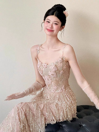 Glittery A line Spaghetti Strap With Tassels Beads Sleeveless Pink Prom Dresses Inspiration Long Night Outfits 18th Birthday Outfits AB2217