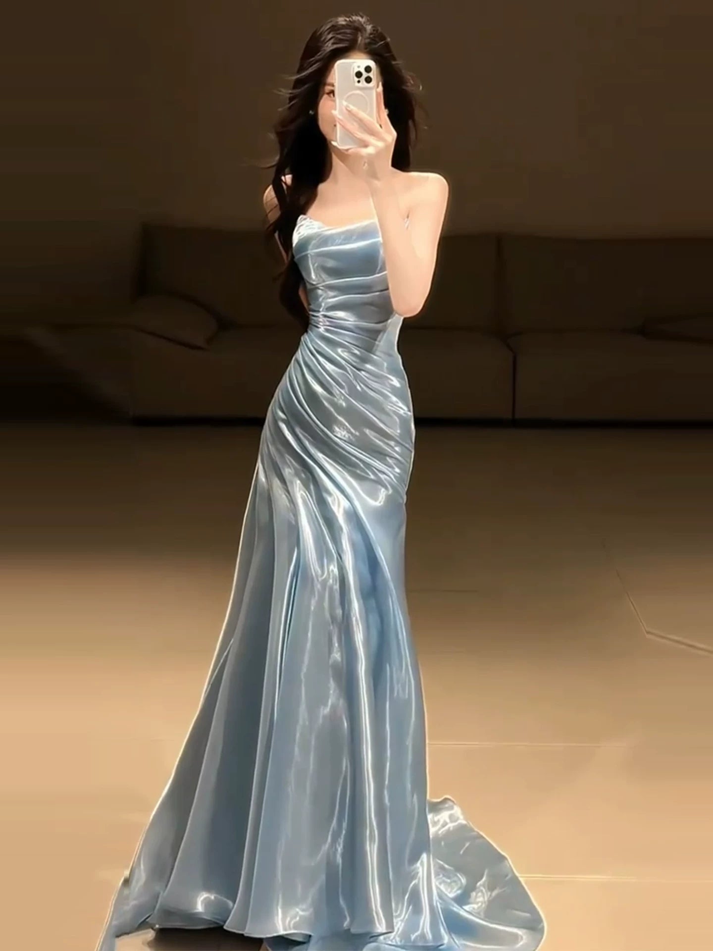 Glitter Mermaid Strapless Light Blue Sleeveless Prom Dresses Inspiration Long Night Outfits 18th Birthday Outfits AB2219