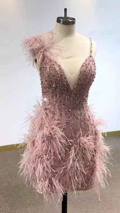 Elegant Sheath Tight Bodycon Spaghetti Straps With Feathers Short Inspo Hoco Dress Ideas Homecoming Dresses RB4134