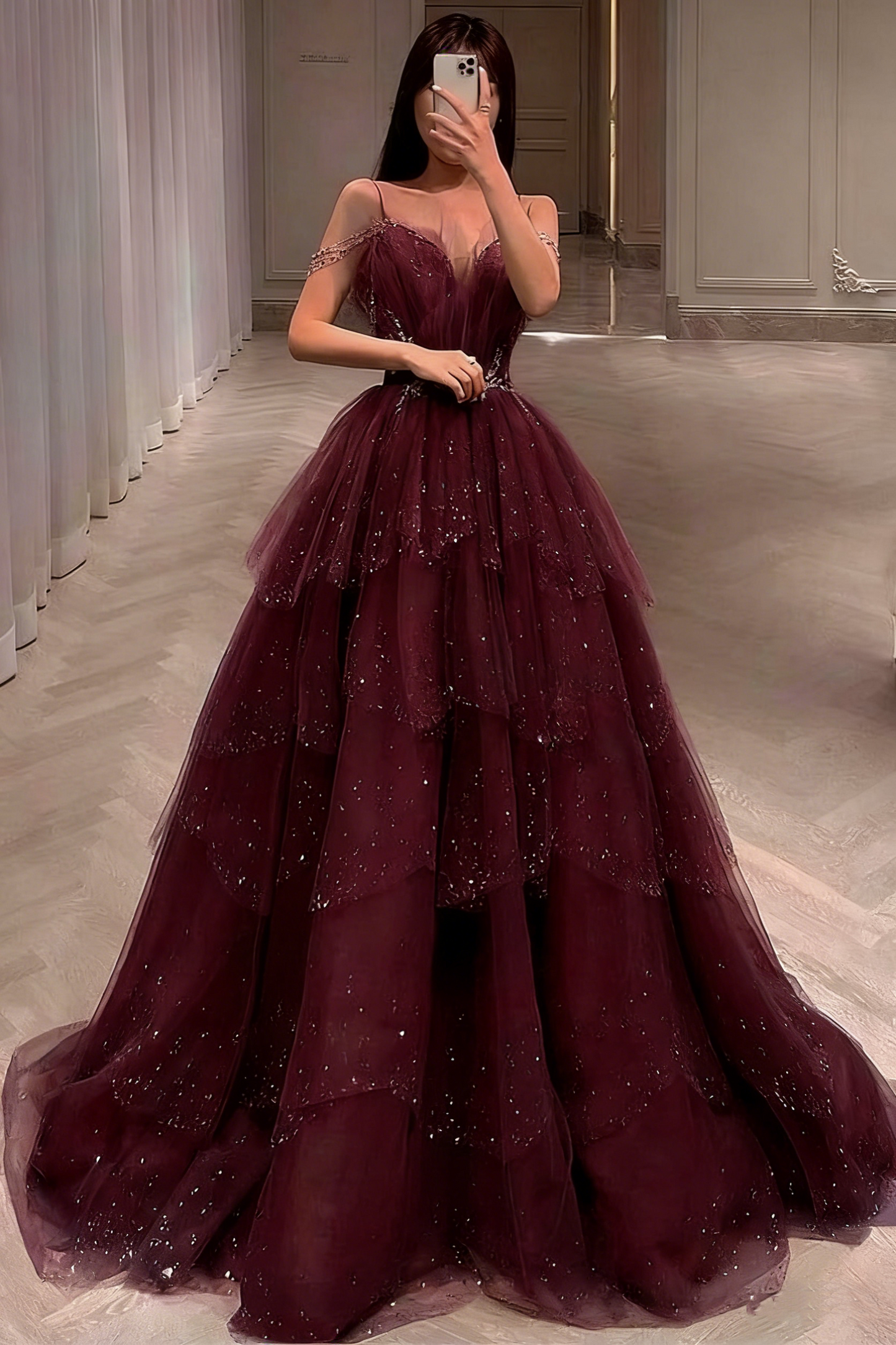 Gorgeous Dusty Blue Sparkly Tulle Beaded Prom Dress Tiered Formal Gown With Rhinestone Party Gowns AS161