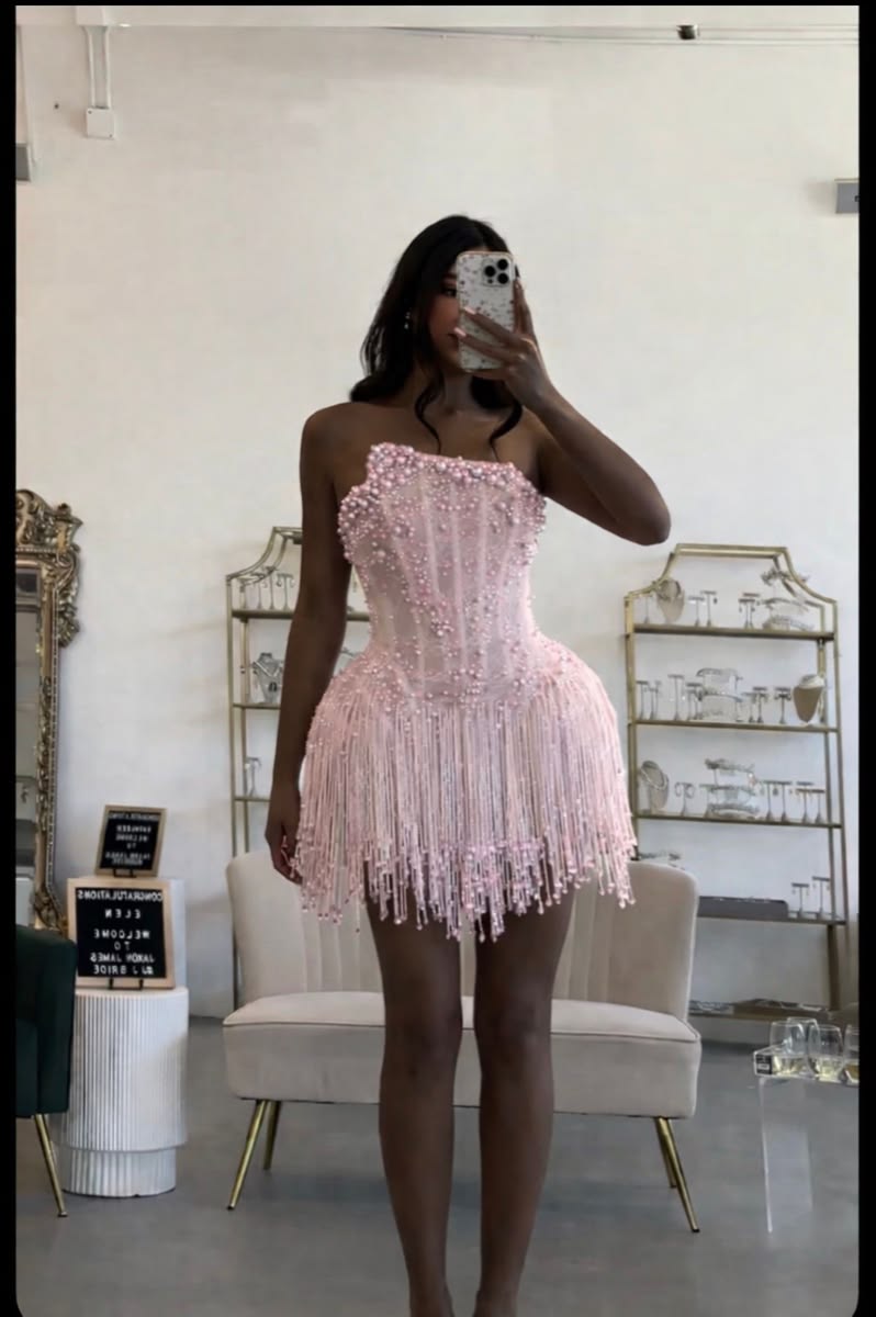 Sexy A Line Strapless Pink With Tassels For Barbie Girls Party Dress Short Mini 18th Birthday Dresses Hoco Outfits RB3554