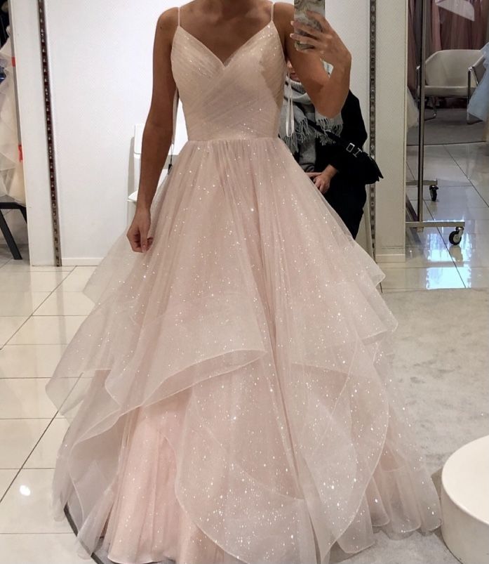 Unique Ball Gown Spaghetti Strap Blush Pink Tulle Prom Dresses Long Party Dress 22th Birthday Outfits Graduation Dress AB294