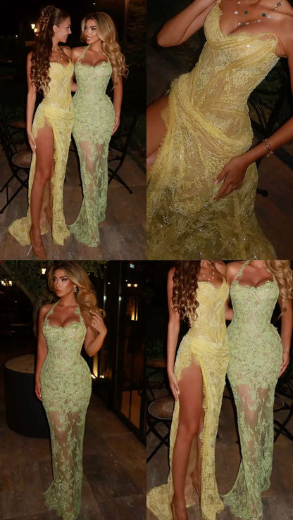Unique Mermaid Sweetheart Yellow Lace Slit Prom Dresses Long Party Dress 21St Birthday Outfits Graduation Gown N900