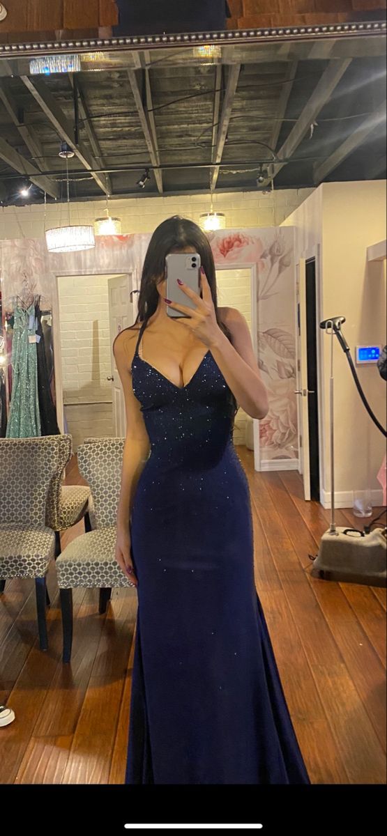 Elegant Dark Blue Mermaid Spaghetti Straps Prom Dress Navy Blue Evening Gown AB695