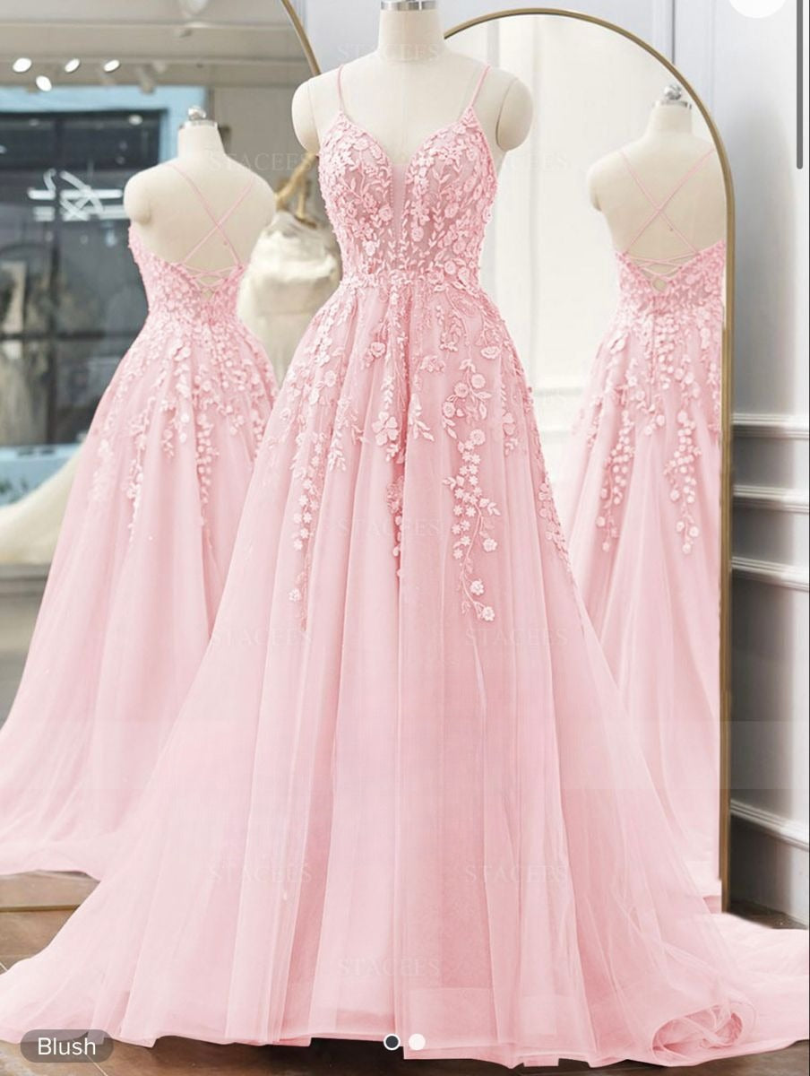 Retro A Line Spaghetti Strap Pink Tulle Lace Backless Fitted Long Prom Dresses Prom Gowns AB309