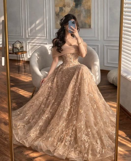 Simple Shiny Evening Dresses Woman's Sequined Fashion A Line Prom Gowns Shiny Fashion N1796