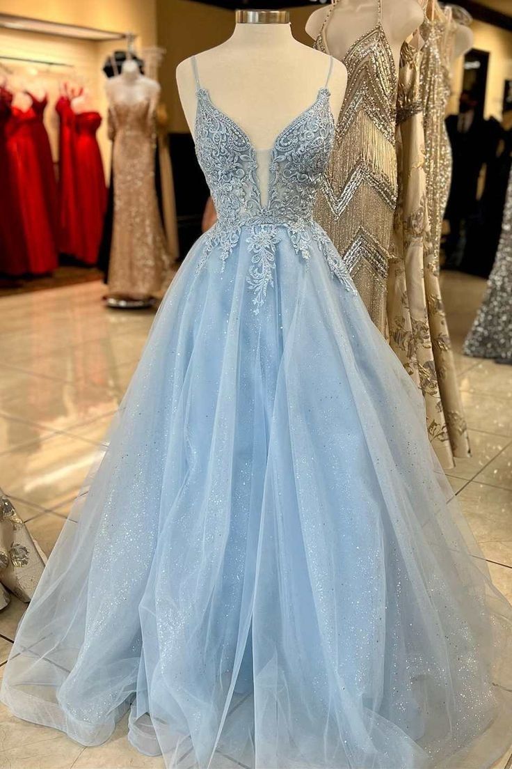 Retro A Line Spaghetti Straps Light Sky Blue Lace Tulle Prom Dress Fashion Aesthetic For Teens Formal Dresses Party Outfits Prom Gown AB1146