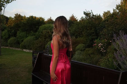 Classic Mermaid Strapless Hot Pink Satin Inspiration Long Wedding Guest Dresses N1666