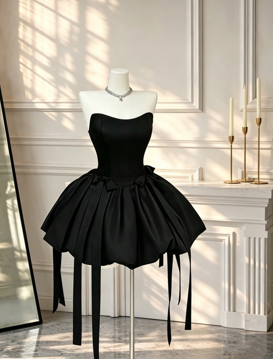 Cute Ball Gown Strapless Little Black Satin Mini Senior Inspo Short Party Formal Gown Homecoming Dresses RB3067