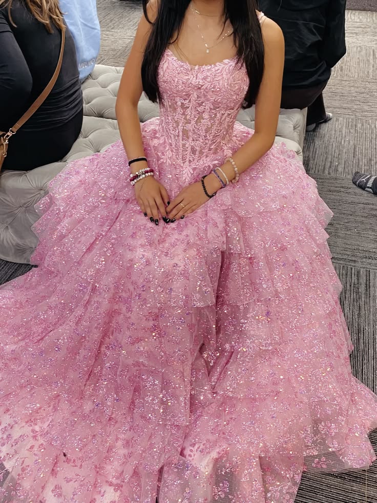 Pink Prom Dress Spaghetti Straps Ball Gown Lace Floor Length Formal Gown Graduation Outfits RB9515