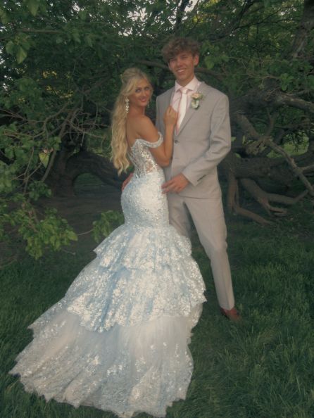 Charming Off The Shoulder Blue Tulle Lace Appliques Layered Mermaid Party Dress Long Evening Gown N600