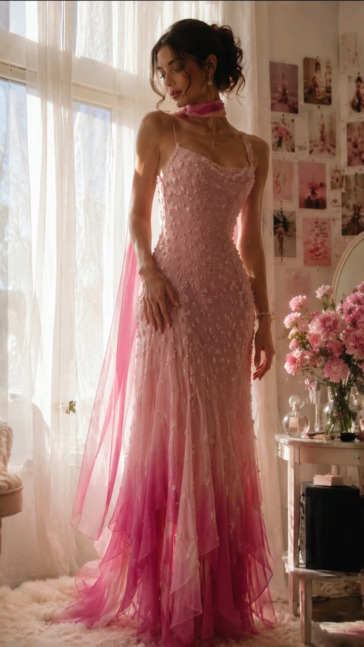 Princess Mermaid Spaghetti Strap Pink Chiffon Perfection-Formal Gown Goals With Scarf Long Prom Dress Evening Party Formal Outfits RB6705