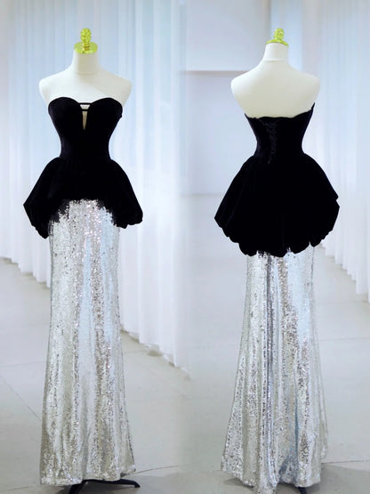 Sexy Mermaid Sweetheart Black Top Silver Sequin Long Prom Dresses Party Dress 19th Birthday Outfits Graduation Gown N2844