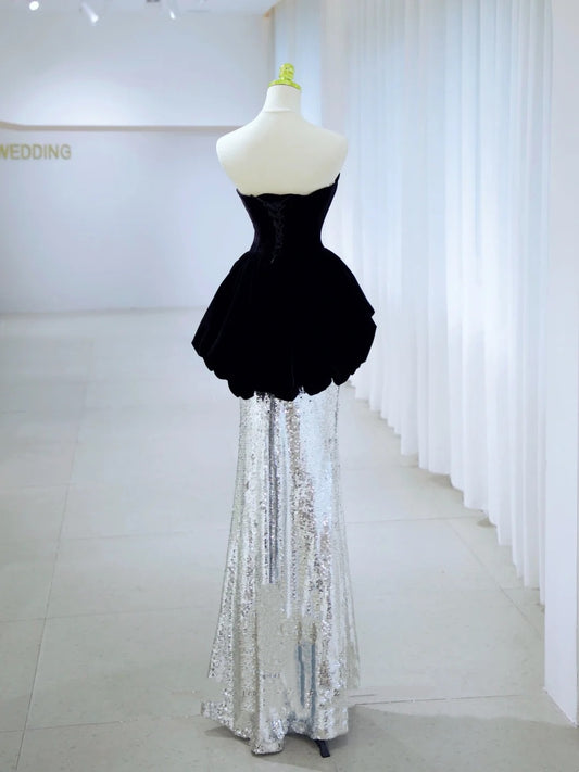 Sexy Mermaid Sweetheart Black Top Silver Sequin Long Prom Dresses Party Dress 19th Birthday Outfits Graduation Gown N2844
