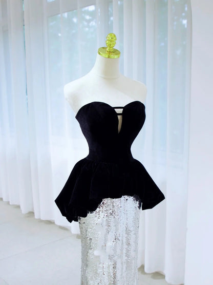 Sexy Mermaid Sweetheart Black Top Silver Sequin Long Prom Dresses Party Dress 19th Birthday Outfits Graduation Gown N2844