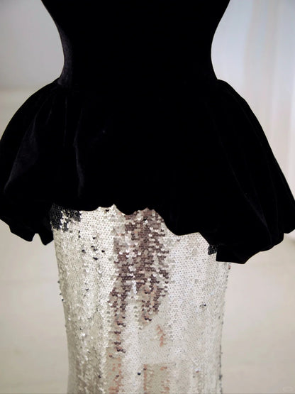 Sexy Mermaid Sweetheart Black Top Silver Sequin Long Prom Dresses Party Dress 19th Birthday Outfits Graduation Gown N2844