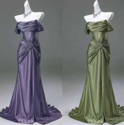 Elegant Pleated Satin Formal Mermaid Evening Dress,Fahsion Graudation Prom Dresses With Off-The-Shoulder N1870