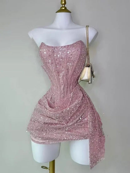 Cute Sheath Strapless Pink Sequin Mini Short Formal 8th Grade Homecoming Dresses Summer Middle School Hoco Dress N4736