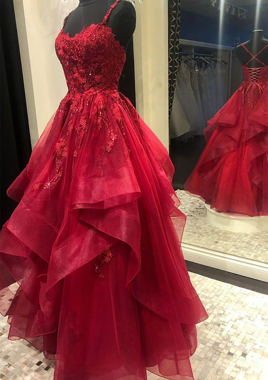 Modest Ball Gown Spaghetti Straps Burgundy Tulle Lace Long Prom Dress Evening Formal Gowns AB464