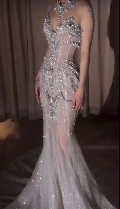 Pretty Mermaid Tulle Beads Long Prom Dresses Formal Evening Dress Party Dresses AB1170