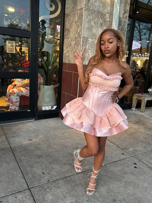 Cute Ball Gown Sweetheart Lace Pink Short Mini Fitted High Shool Grad Hoco Outfit Homecoming Dresses RB4637