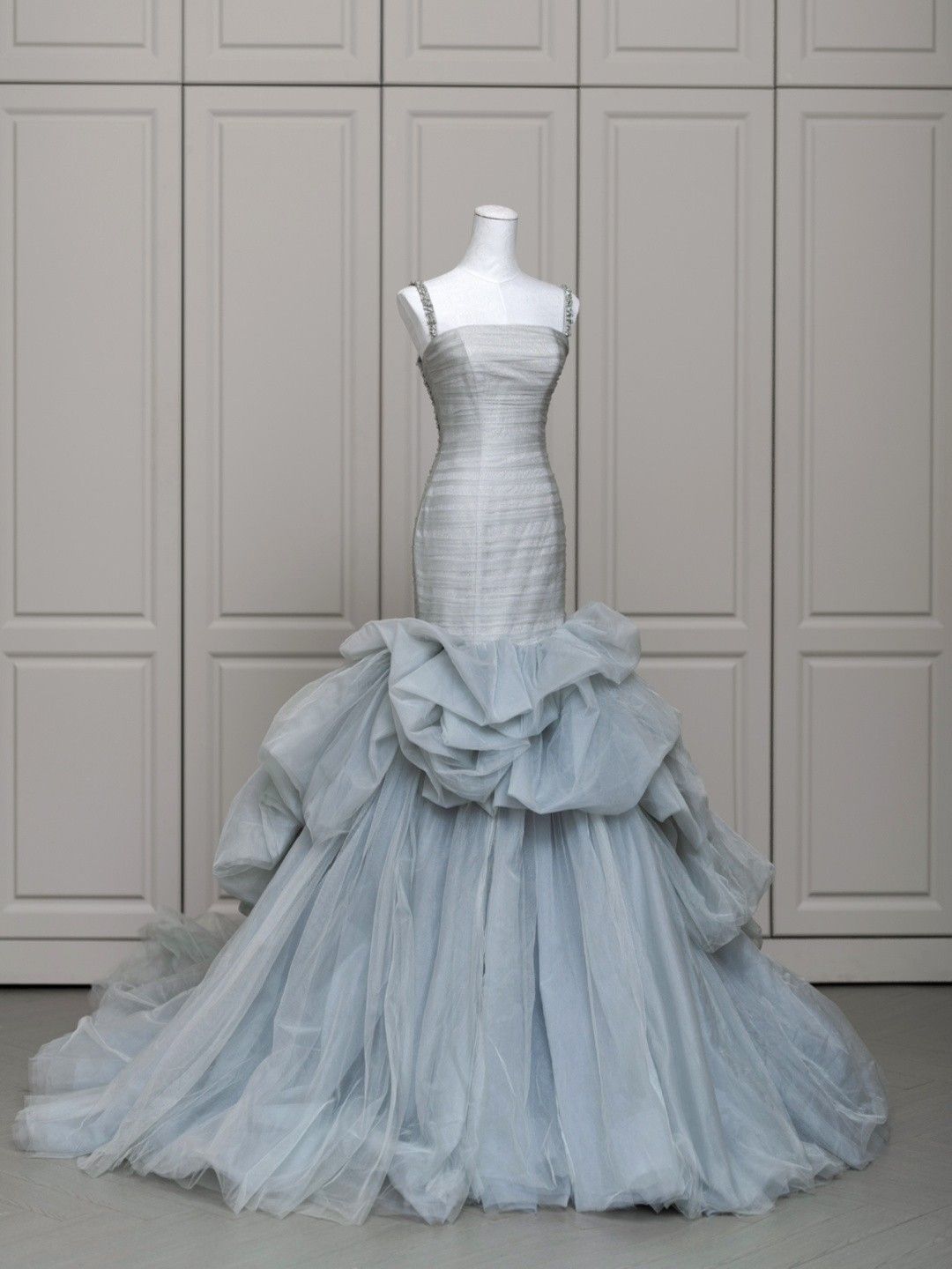 Modest Mermaid Straps Light Sky Blue Tulle With Pleated For Women Party Dress Long Formal Prom Dresses 22th Birthday Outfits AB1387