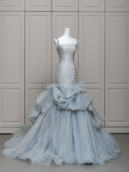 Modest Mermaid Straps Light Sky Blue Tulle With Pleated For Women Party Dress Long Formal Prom Dresses 22th Birthday Outfits AB1387