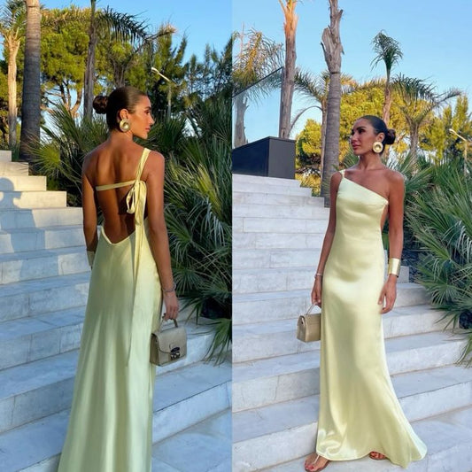 Charming Mermaid One Shoulder Yellow Backless Summer 19th Birthday Elegant Outfit Wedding Guest Dresses N4161