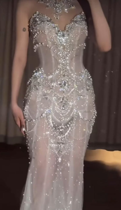 Pretty Mermaid Tulle Beads Long Prom Dresses Formal Evening Dress Party Dresses AB1170