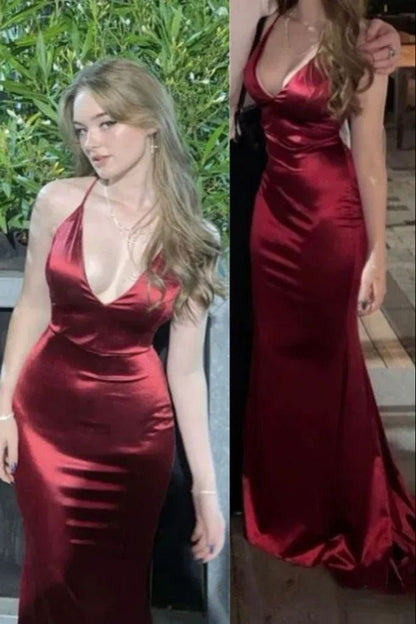 Sexy Mermaid Halter Burgundy Satin For Women Party Dresses Long Formal Prom Dresses 22th Birthday Gown AB1340