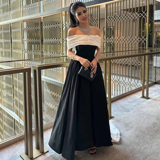 Women's Cocktail Party Gowns Satin A-line Celebrity Dress Black Off-the-shoulder Prom Dresses Online AB1866