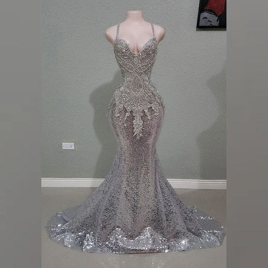 Vintage Prom Dresses Mermaid Spaghetti Straps Silver Sequined Long 80s Party Evening Formal Gown RC1173
