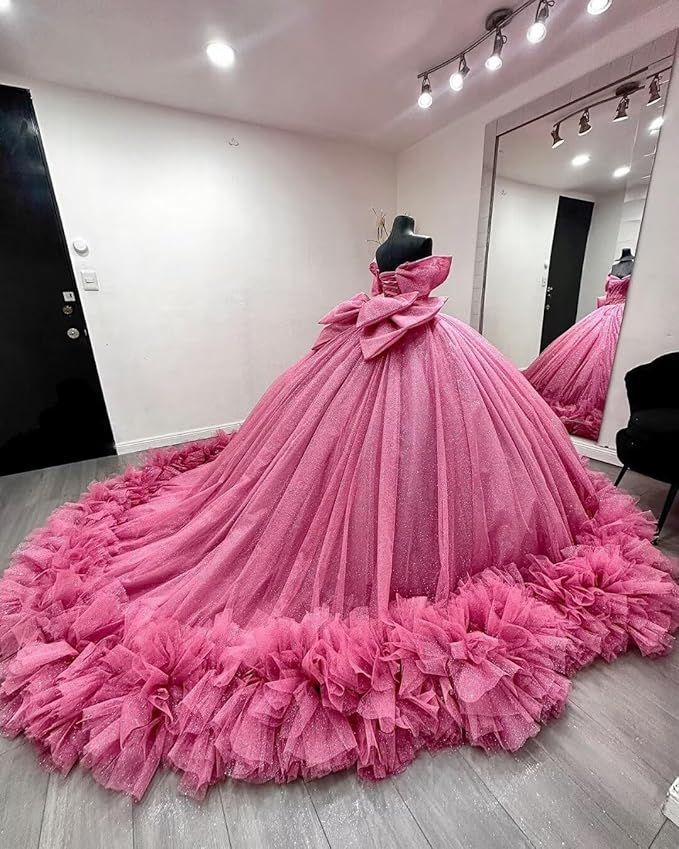 Ball Gown | Elegant Luxury Dress & Chic Fashion Off The Shoulder Hot Pink Quince Dress Tulle Quinceanera Dresses Birthday Outfits RB8238