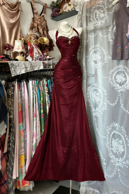 Vintage Halter Sheath Long Prom Dresses Beaded Satin Blue Evening Dresses Sleeveless Birthday Dresses N783